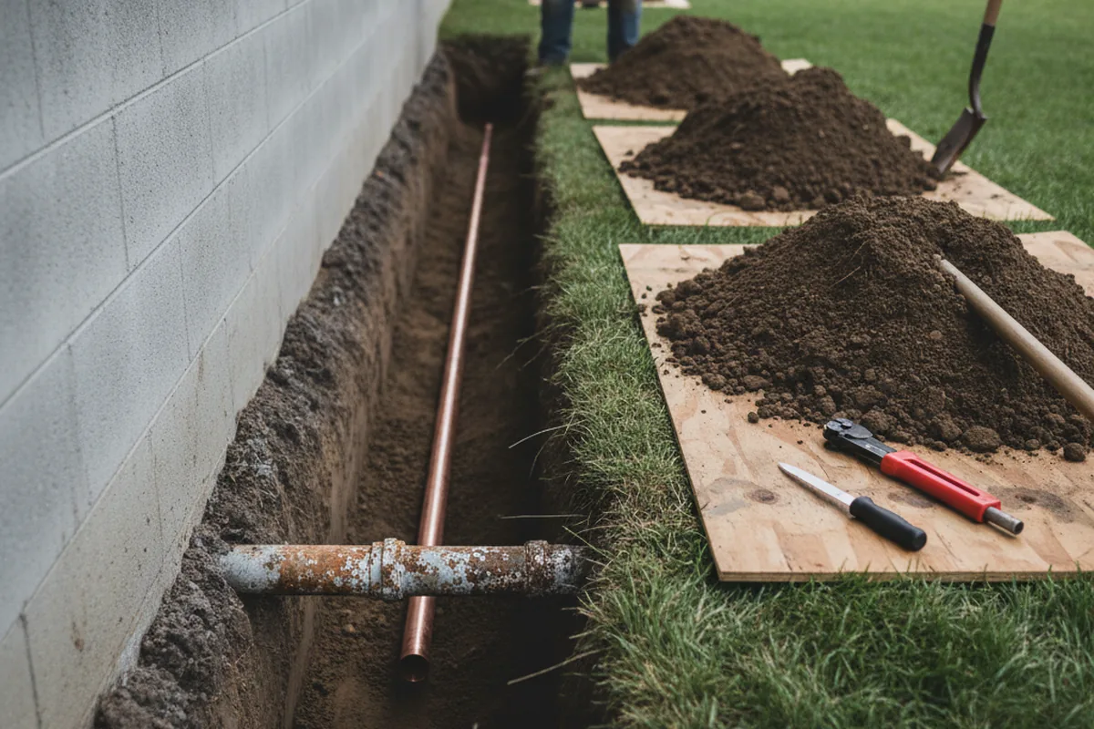Excavated water line trench during Water Heater Repair in Scott